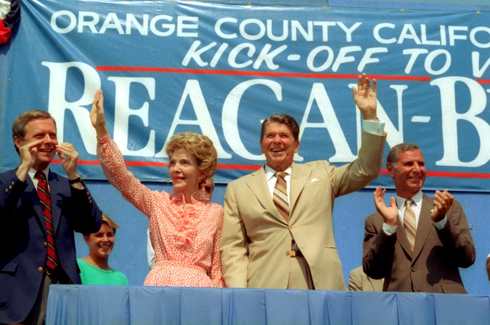 President Ronald Reagan and Nancy Reagan on the campaign trail with George Deukmejian and Pete Wilson