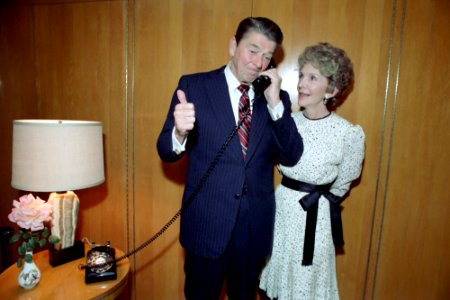 President Ronald Reagan and Nancy Reagan receive a concession telephone call from Walter Mondale
