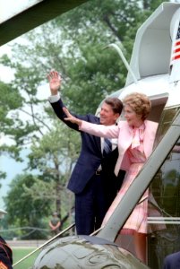 President Ronald Reagan and Nancy Reagan Waving Goodbye to the South Lawn Crowd from Marine One