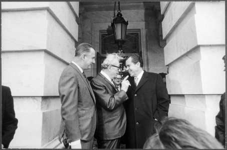 President Nixon conversing with Senator Dirksen and Vice President Agnew on the occasion of a luncheon with Senate... - NARA - 194603