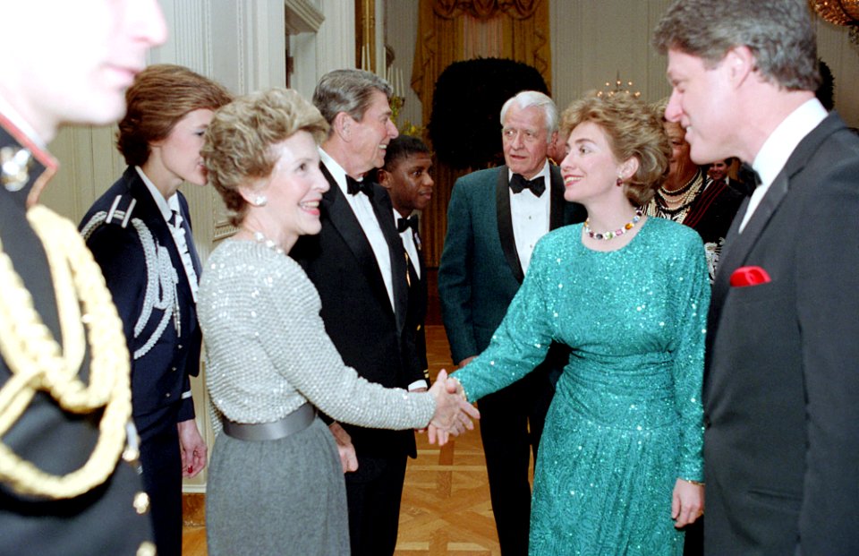 President Ronald Reagan and Nancy Reagan with Bill Clinton and Hillary Clinton