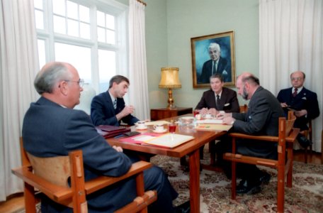 President Ronald Reagan and Soviet General Secretary Mikhail Gorbachev meet at Hofdi House during the Reykjavik Summit Iceland photo