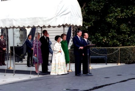 President Ronald Reagan and Nancy Reagan with George H. W. Bush, Barbara Bush, Chun Doo-hwan, and Lee Soon-ja photo
