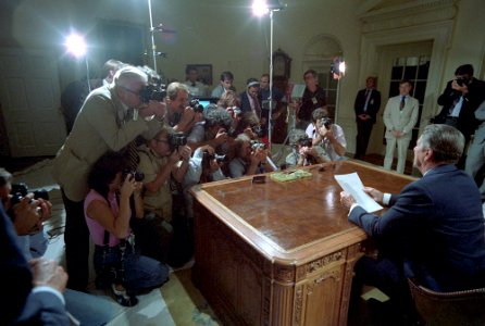 President Ronald Reagan making an address to the Nation on the Soviet attack on a Korean civilian airliner