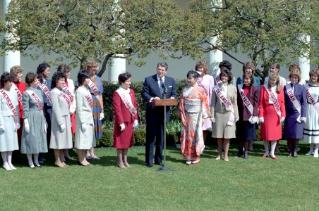 President Ronald Reagan Greeting the 1984 Cherry Blossom Princesses in the White House Rose Garden (02) photo