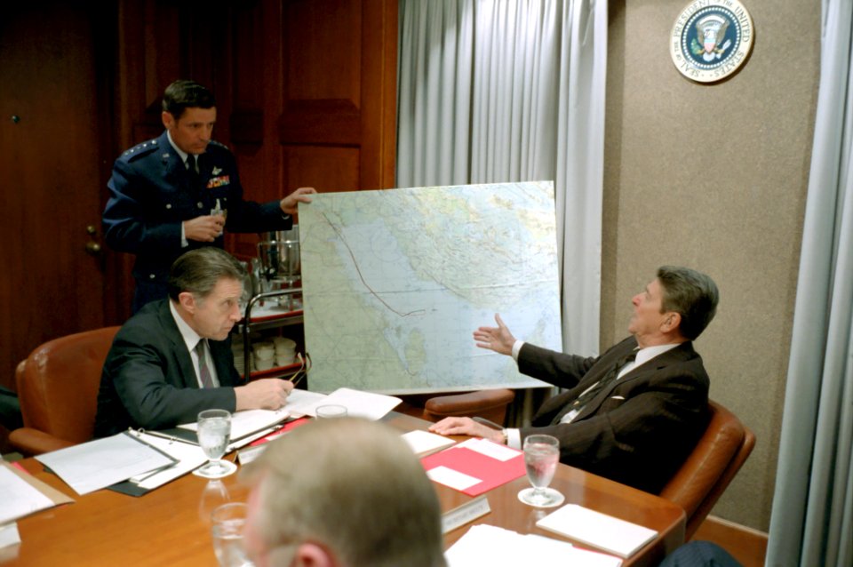 President Ronald Reagan holds a National Security Planning Group meeting on the USS Stark attack in the White House Situation Room