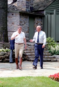 President Ronald Reagan meeting with George Shultz at Camp David