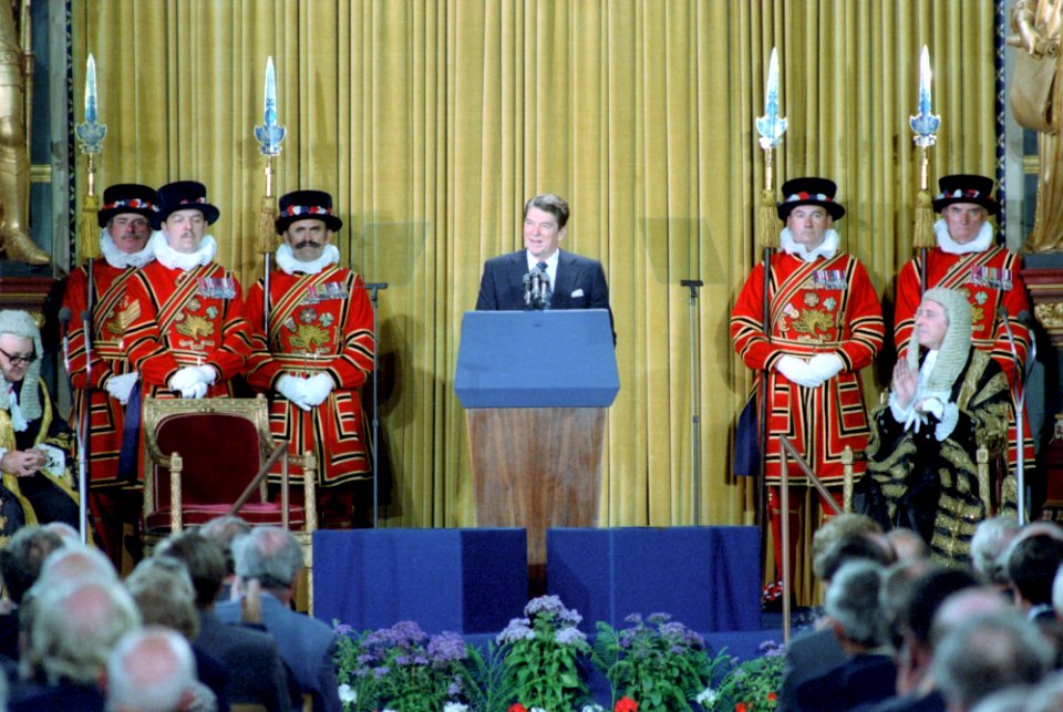 President Ronald Reagan addressing British Parliament in London, England