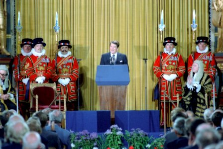 President Ronald Reagan addressing British Parliament in London, England