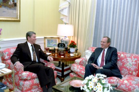 President Ronald Reagan meeting with Judge Anthony Kennedy in the West Sitting Hall