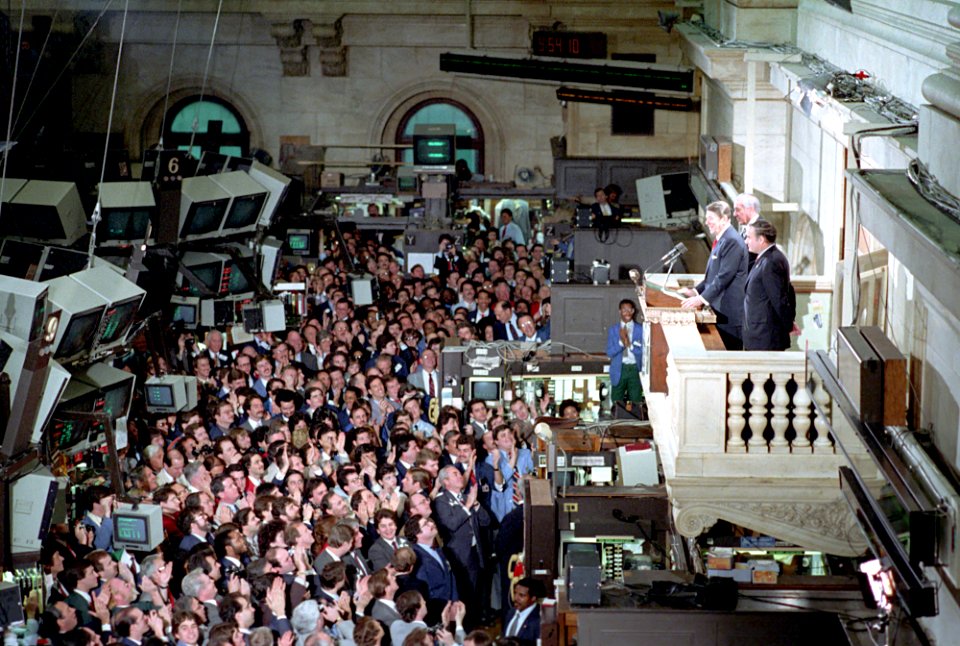 President Ronald Reagan addressing the New York Stock Exchange