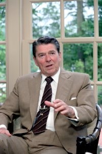 President Ronald Reagan Interview with Journalists at Williamsburg Economic Summit in Providence Hall