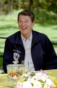 President Ronald Reagan Laughing at a Working Luncheon During Visit with Jose Lopez Portillo of Mexico