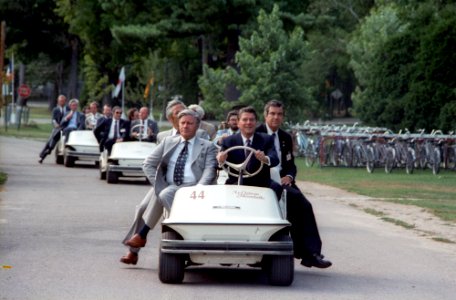President Ronald Reagan and Chancellor Helmut Schmidt of Federal Republic of Germany riding a golf cart