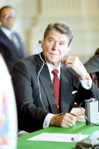 President Ronald Reagan listening to a session of the Organization of American States in Washington D.C