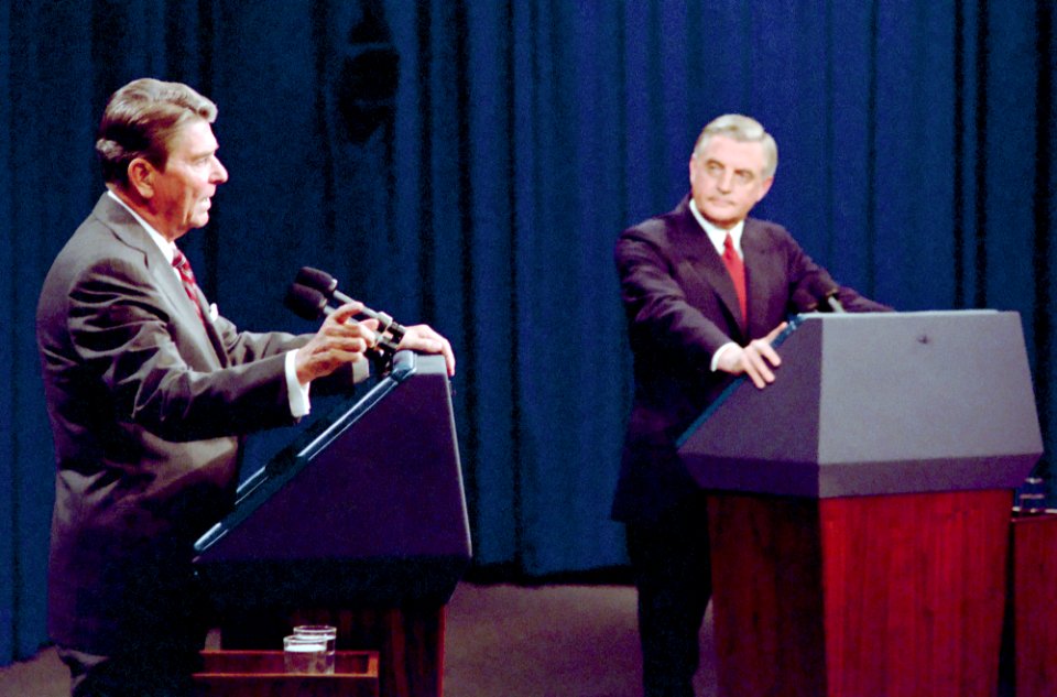 President Ronald Reagan and Democratic candidate Walter Mondale during the second debate in Kansas City, Missouri