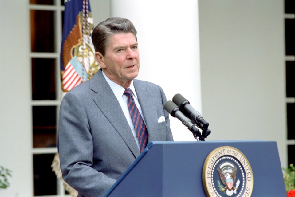 President Ronald Reagan making a statement to the press regarding the air traffic controllers strike