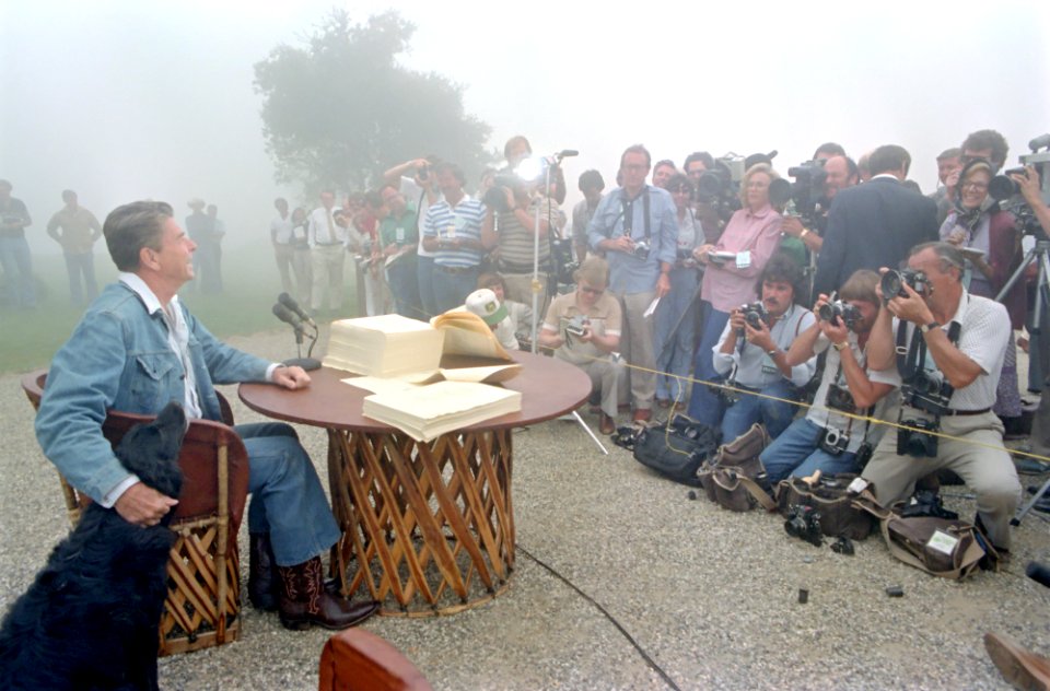 President Ronald Reagan meets with the Press after signing the 1981 Tax Reconciliation Bill Rancho Del Cielo