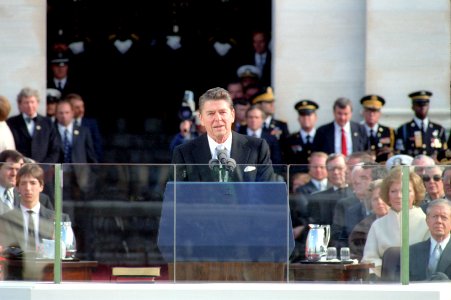 President Ronald Reagan making his inaugural address from the United States Capitol photo