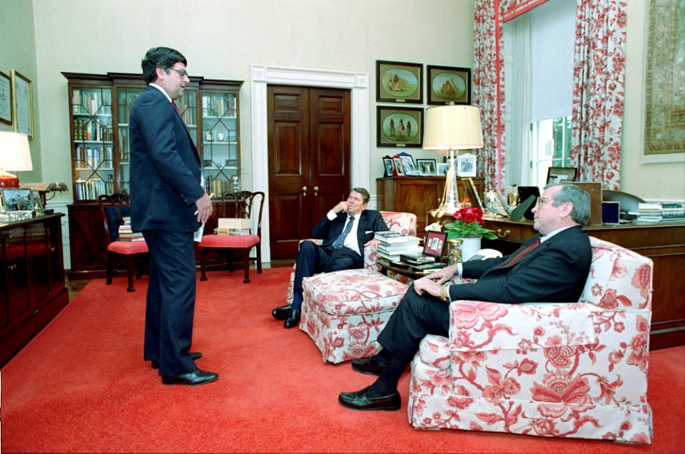 President Ronald Reagan meeting with Howard Baker and Ken Duberstein