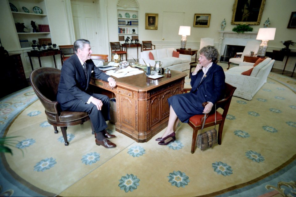 President Ronald Reagan meeting with Jeane Kirkpatrick