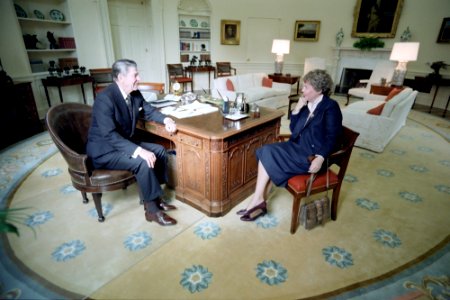President Ronald Reagan meeting with Jeane Kirkpatrick
