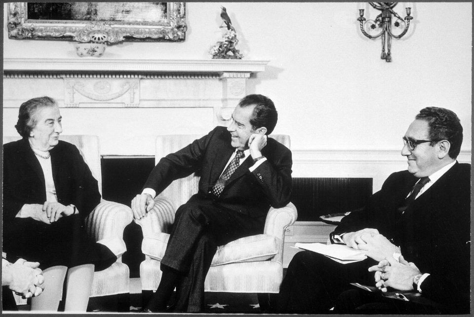 President Nixon, Henry Kissinger and Israeli Prime Minister Golda Meir, meeting in the Oval Office - NARA - 194491
