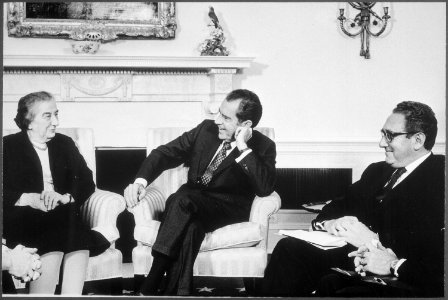 President Nixon, Henry Kissinger and Israeli Prime Minister Golda Meir, meeting in the Oval Office - NARA - 194491
