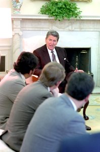 President Ronald Reagan meeting with members of Congress to discuss Nicaraguan Peace Proposal in Oval Office