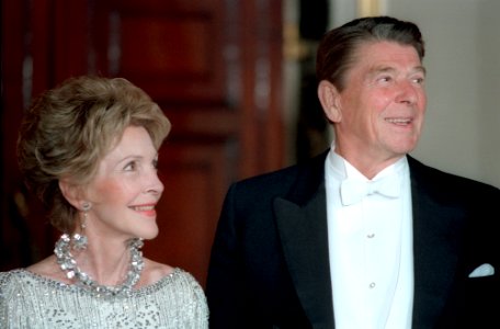 President Ronald Reagan and Nancy Reagan at a State Dinner at the Royal Palace in Madrid, Spain