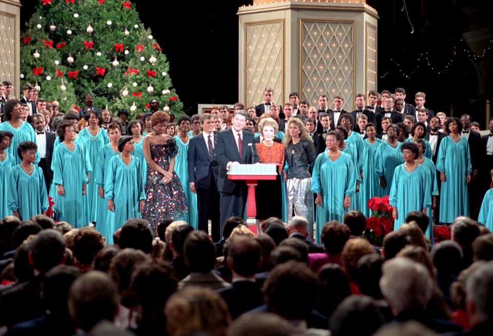 President Ronald Reagan and Nancy Reagan attending a taping session for NBC's Christmas in Washington Show