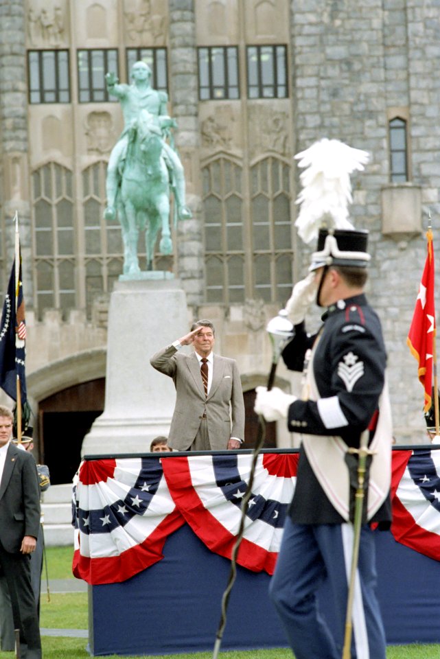 President Ronald Reagan saluting at the United States Military Academy at West Point during Brigade Review of the Corps of Cadets West Point New York