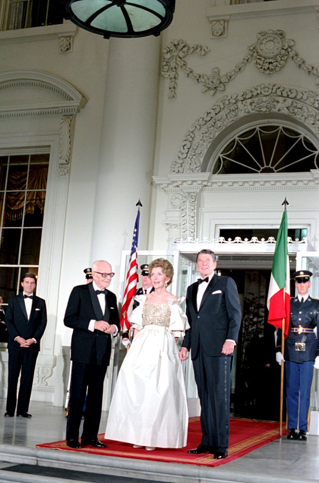 President Ronald Reagan and Nancy Reagan during the State Dinner for President Pertini of Italy together at the North Portico