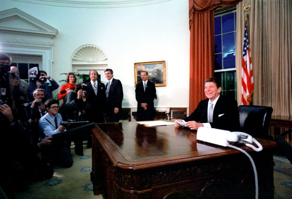 President Ronald Reagan meeting with the press on his first day in office