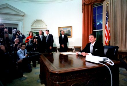 President Ronald Reagan meeting with the press on his first day in office