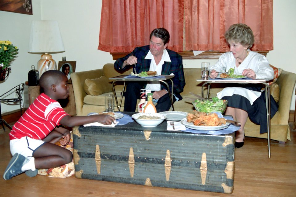 President Ronald Reagan and Nancy Reagan eating Dinner at home of Rudolph (Rudy) Hines the pen pal of the President