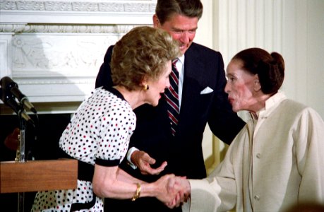 President Ronald Reagan and Nancy Reagan greet Martha Graham