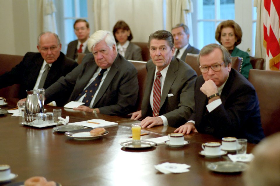 President Ronald Reagan meets with Howard Baker, Tip O'Neill, and Bob Michel