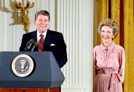 President Ronald Reagan and Nancy Reagan hosting a luncheon for the 1986 President's Volunteer Action Award Recipients in the East Room