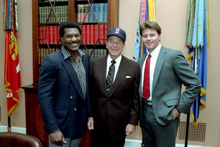 President Ronald Reagan posing with Roger Clemens and Don Baylor
