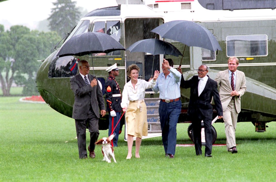 President Ronald Reagan and Nancy Reagan on their return on Marine One from Camp David with Rex on the South Lawn