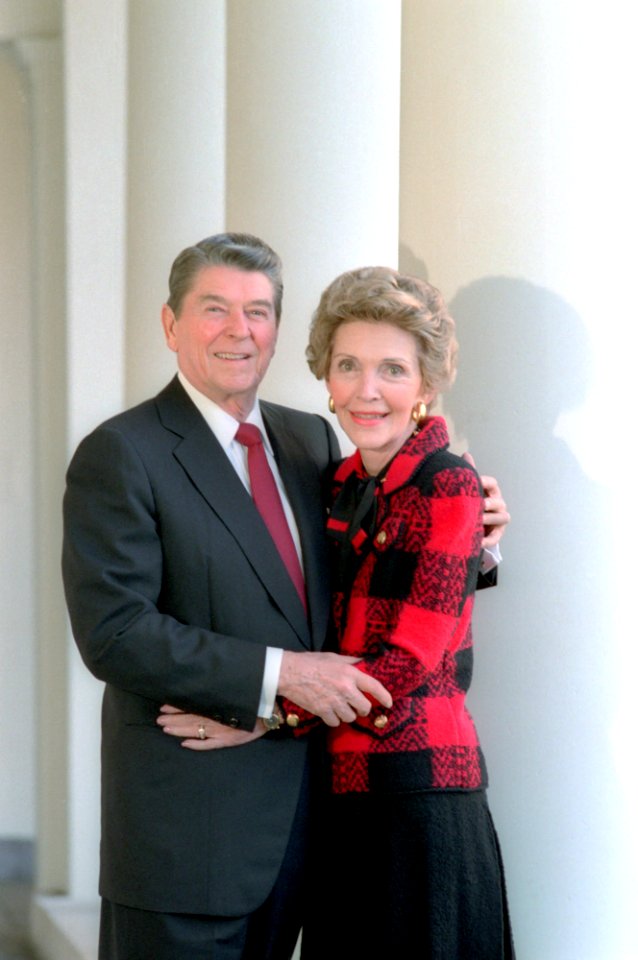 President Ronald Reagan and Nancy Reagan pose on their 35th wedding anniversary at the White House