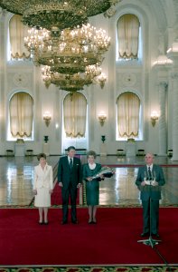 President Ronald Reagan and Nancy Reagan receive Official greeting at Grand Kremlin Palace from Mikhail Gorbachev and Raisa Gorbachev