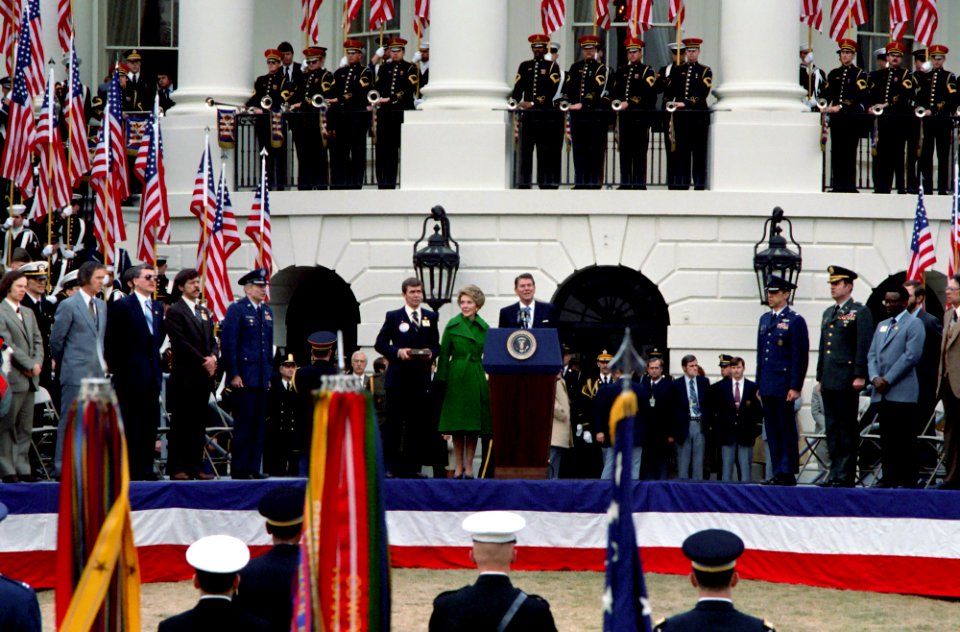 President Ronald Reagan speaking at a White House Ceremony and Reception for freed American hostages held in Iran