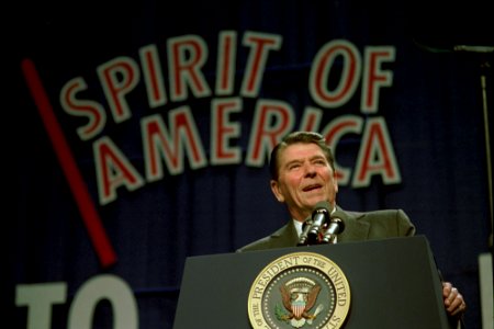 President Ronald Reagan speaking at the Spirit of America A Salute to Free Enterprise Rally, Omni Coliseum, Atlanta, Georgia