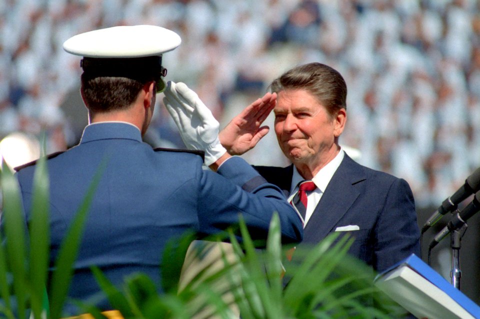 President Ronald Reagan Salutes an Air Force Cadet at the United States Air Force Academy Commencement in Colorado Springs, Colorado