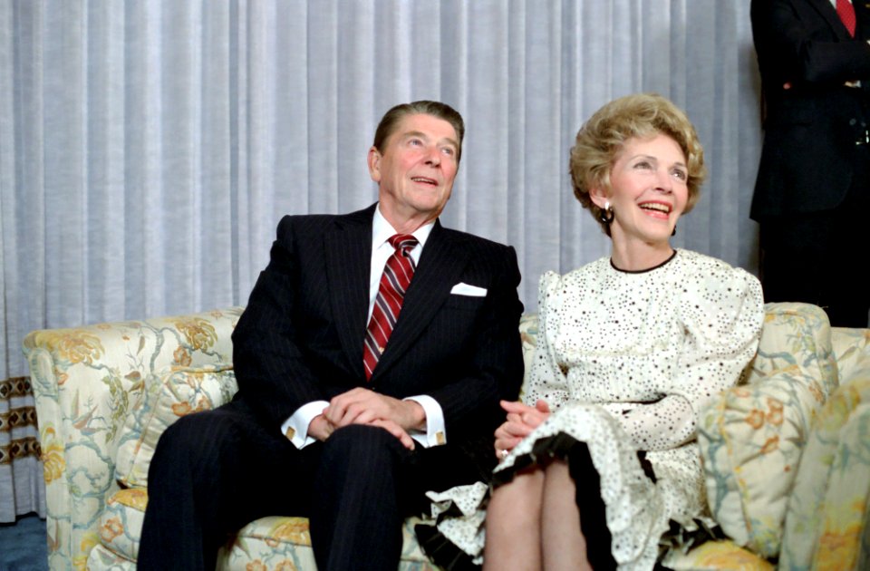 President Ronald Reagan and Nancy Reagan watching election returns