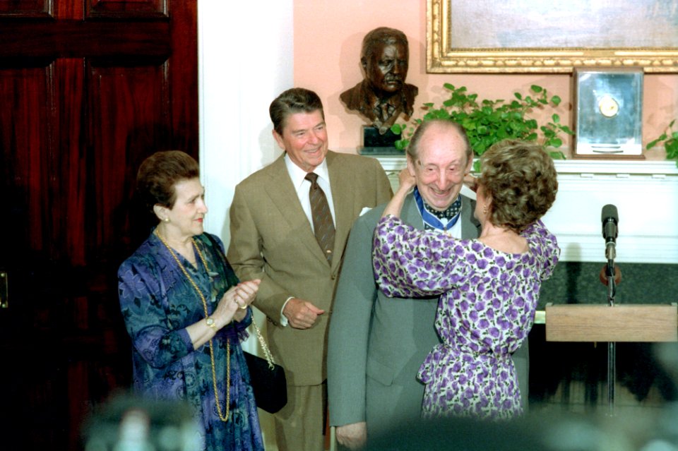 President Reagan and Nancy Reagan present Pianist Vladimir Horowitz with the Medal of Freedom in the Roosevelt room