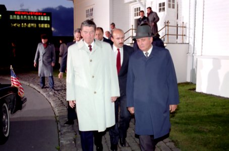 President Reagan says goodbye to Soviet General Secretary Gorbachev after the last meeting at Hofdi House Reykjavik Iceland