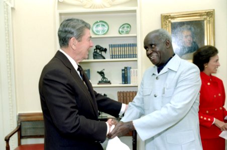 President Ronald Reagan shaking hands with President Kenneth Kaunda of Zambia